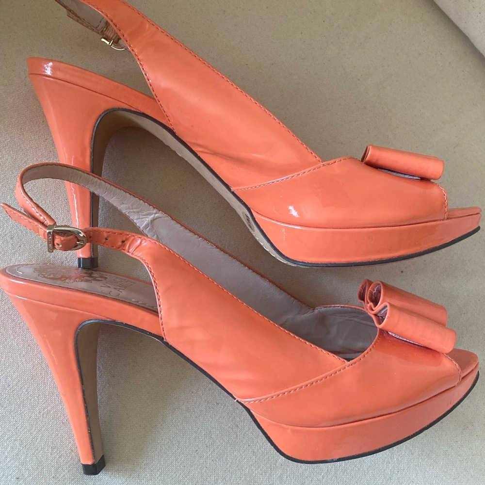 Peach patent leather heels.